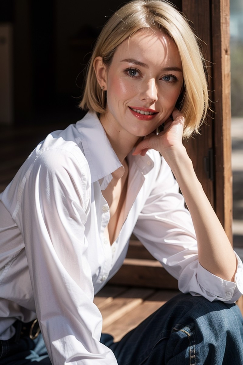 1girl,solo,blonde hair,shirt,realistic,tied shirt,blue eyes,looking at viewer,white shirt,sitting,smile,short hair,teeth,s...